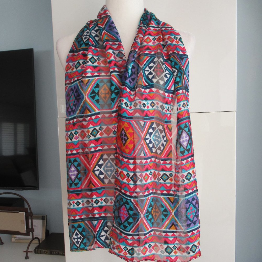 Southwestern Print Scarf Rectangular 58" x 13" Multicolor, Hand Rolled Hem NEW